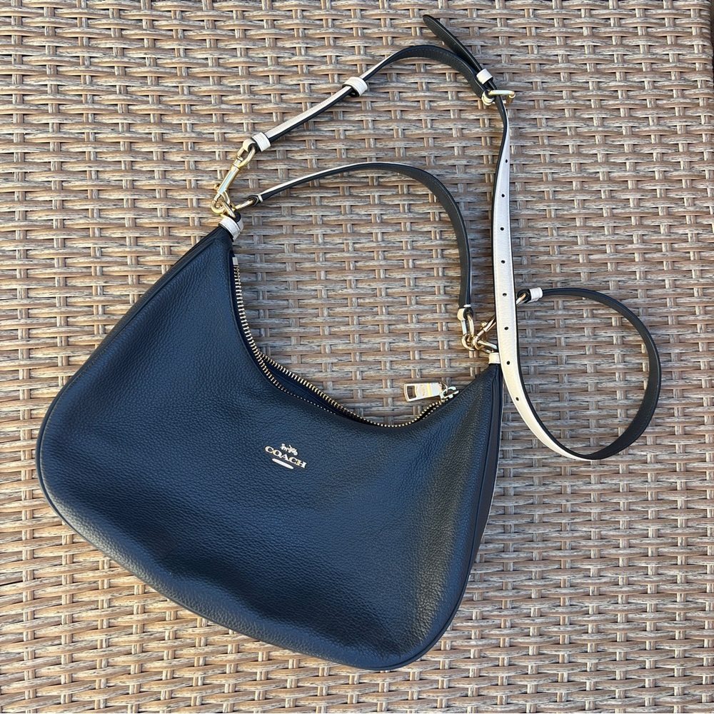 Coach Harley East West Hobo Navy Blue Ivory Leather Shoulder & Crossbody Bag